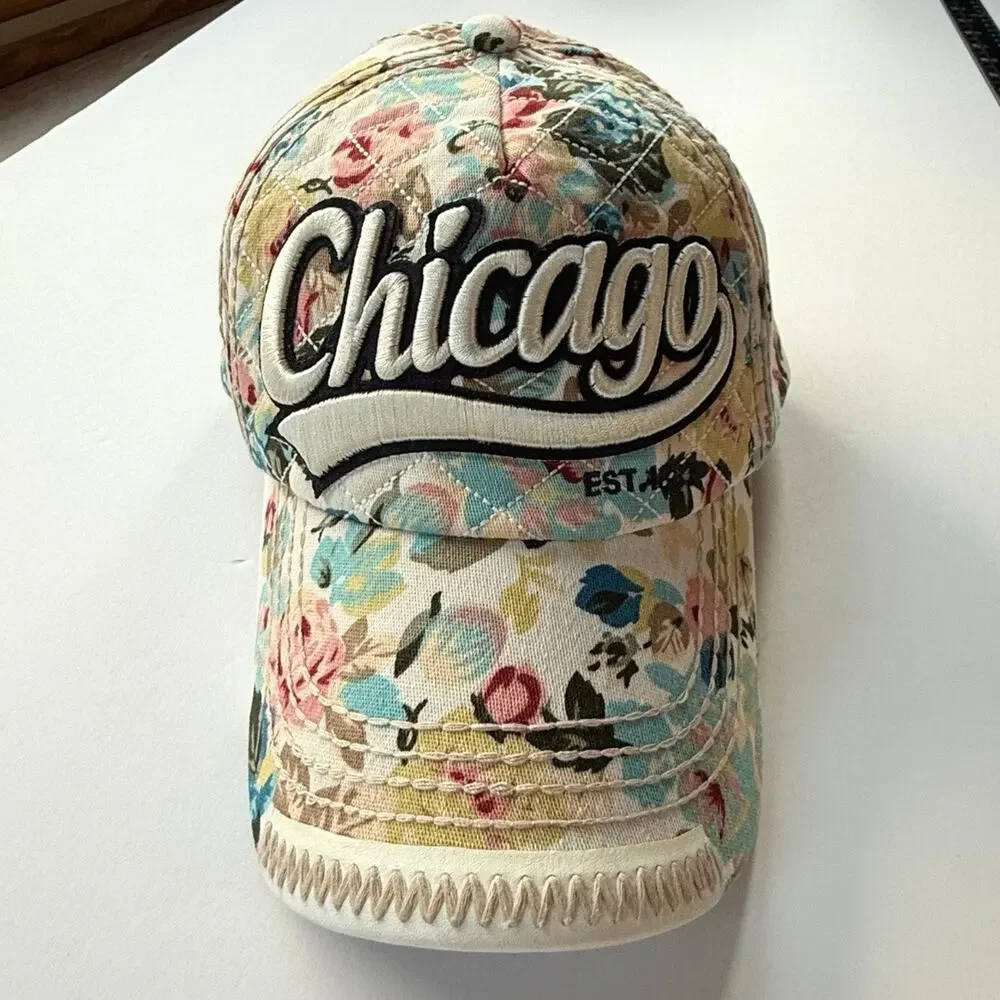 Robin Ruth Floral CHICAGO Snap Back Ball Cap Hat Quilted Crown Embellished Bill